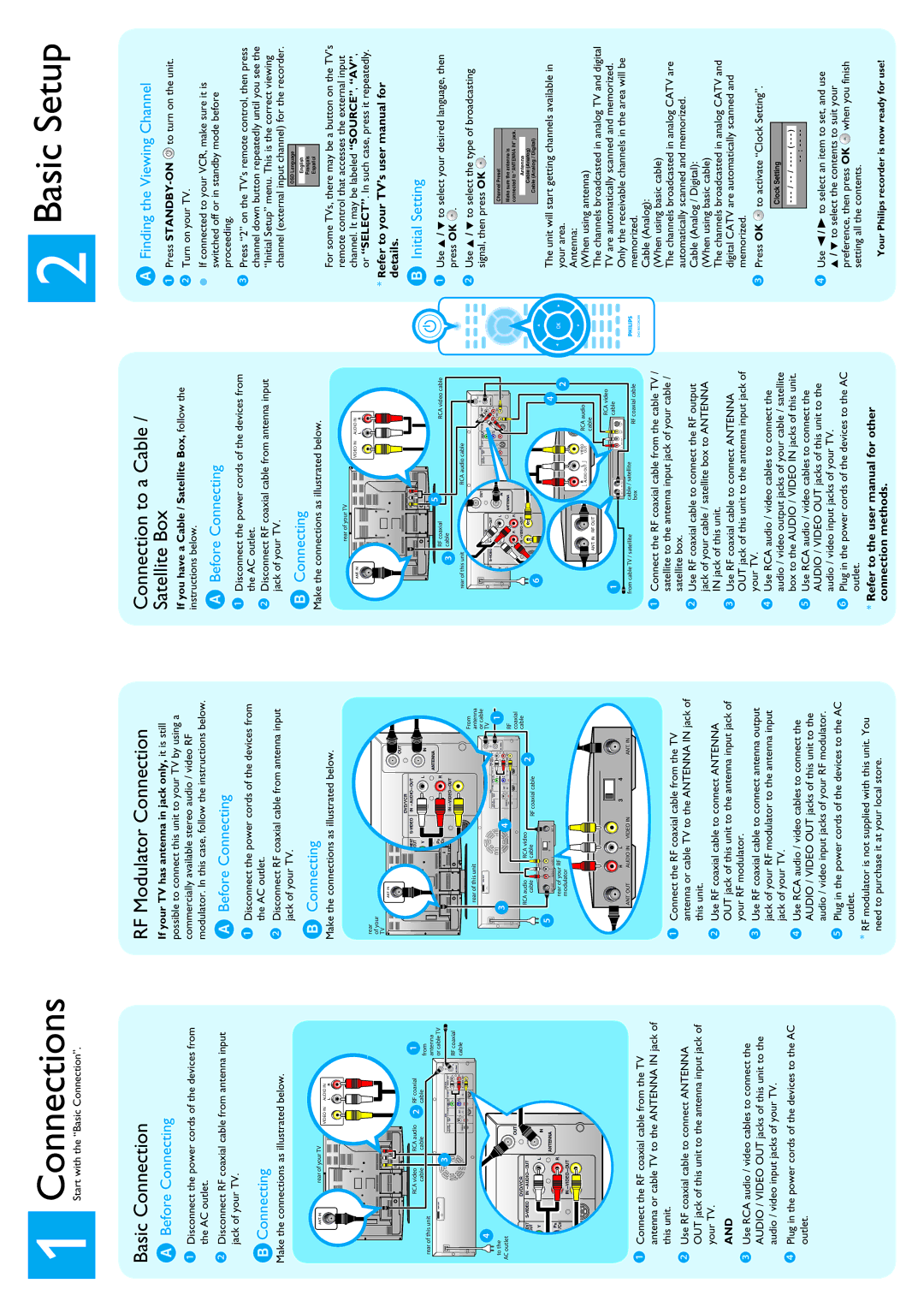 Philips DVDR3545V/F7 user manual Basic Connection, RF Modulator Connection, Connection to a Cable / Satellite Box 