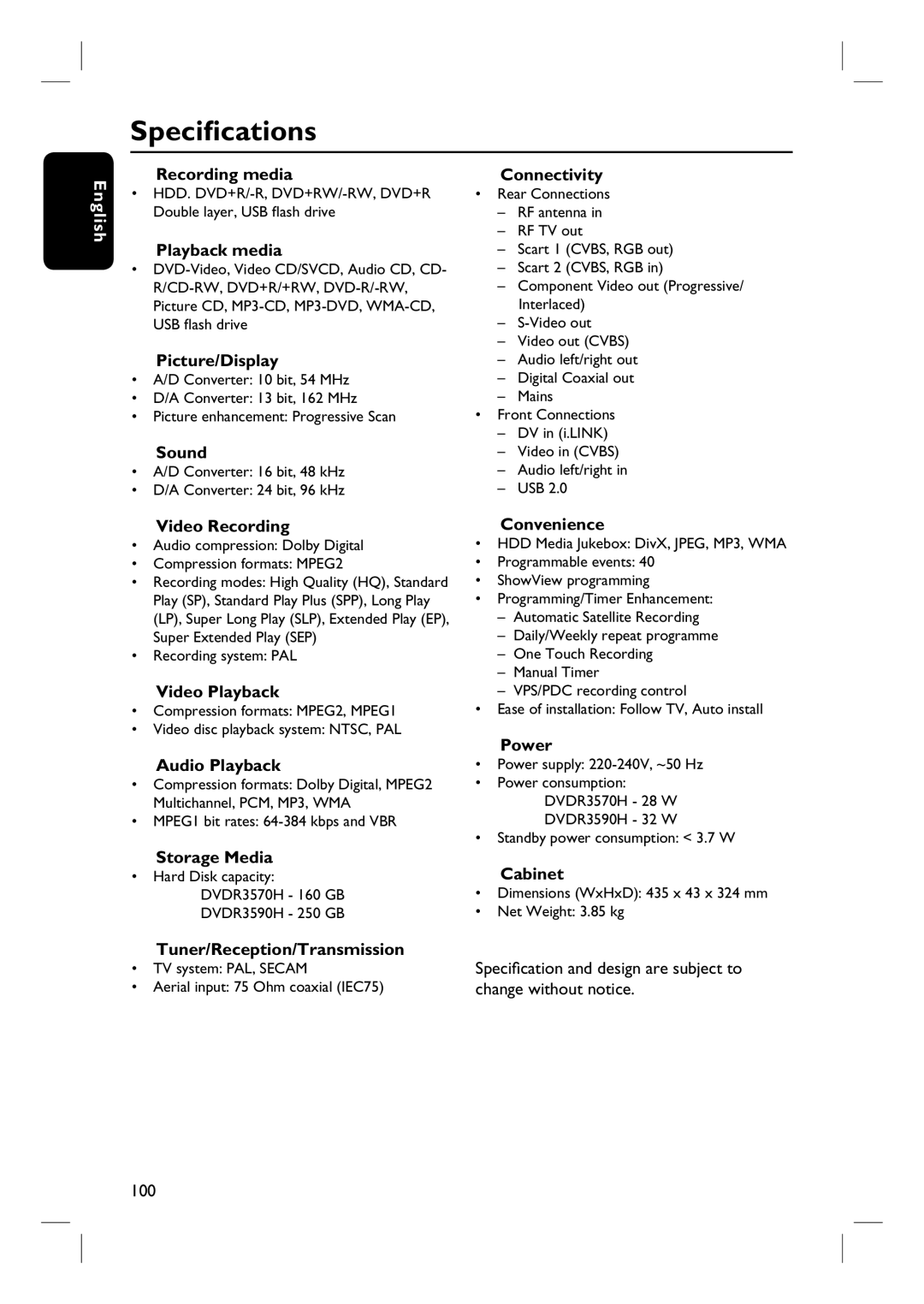 Philips DVDR3570H58 user manual Specifications 