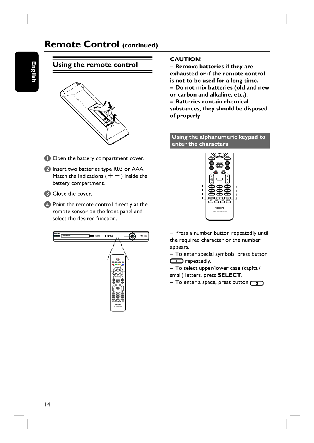 Philips DVDR3570H58 user manual Using the remote control, Using the alphanumeric keypad to enter the characters 