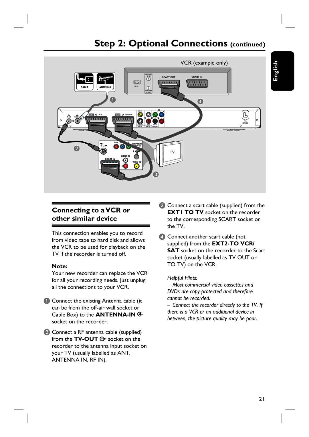 Philips DVDR3570H58 user manual Connecting to a VCR or other similar device, VCR example only 