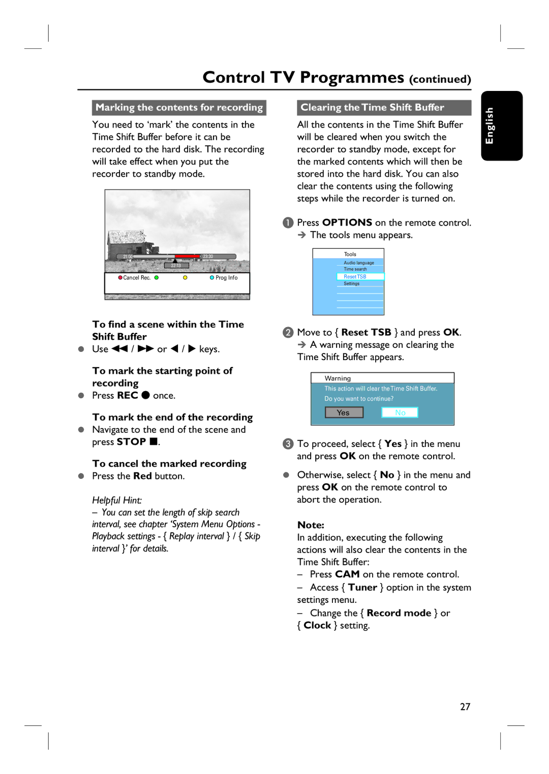 Philips DVDR3570H58 user manual Marking the contents for recording, Clearing the Time Shift Buffer 