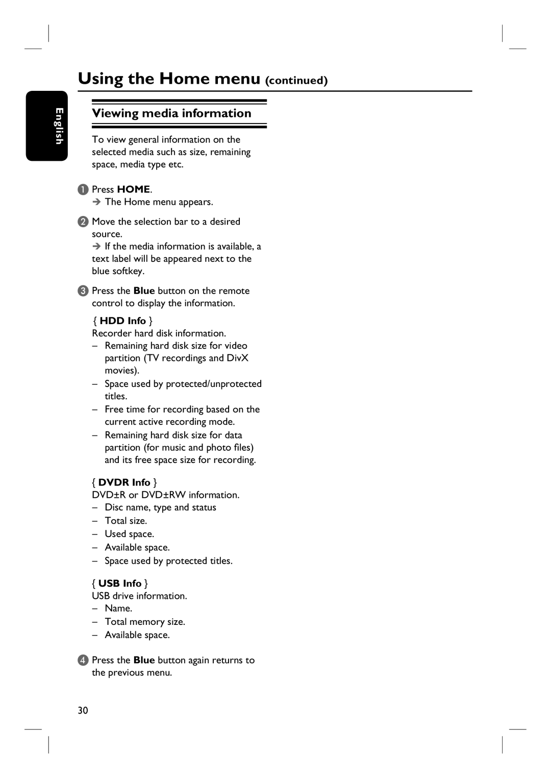 Philips DVDR3570H58 user manual Viewing media information, HDD Info, Dvdr Info, USB Info 