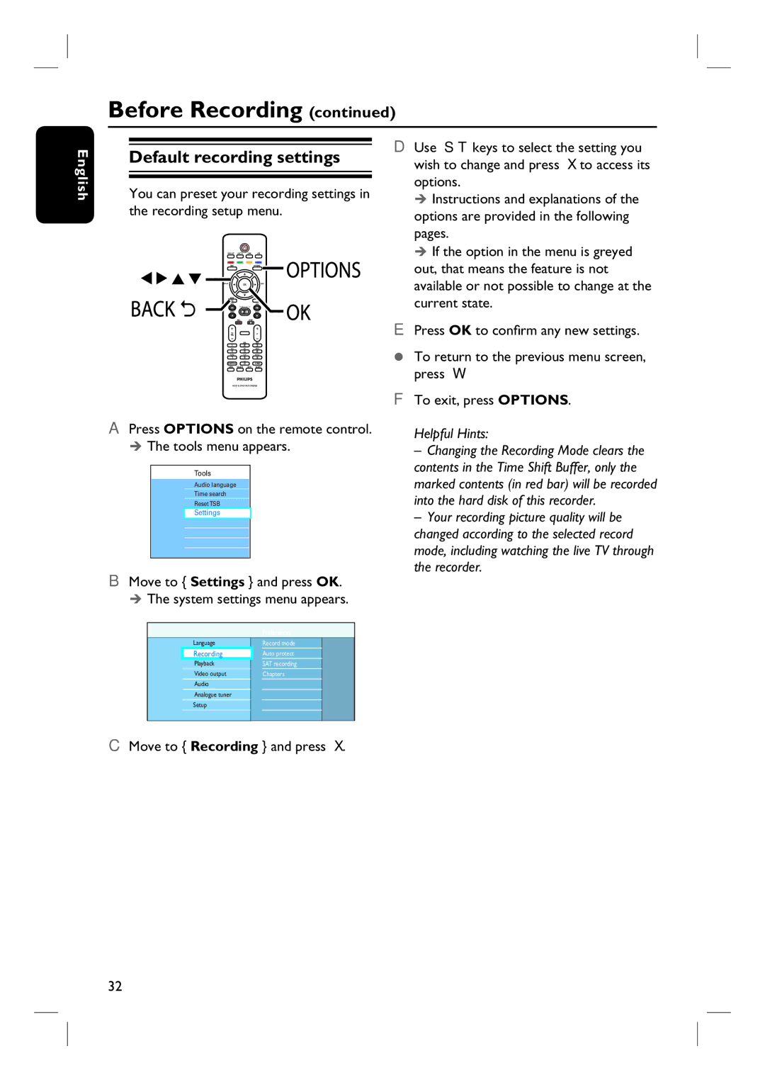 Philips DVDR3570H58 user manual Default recording settings 