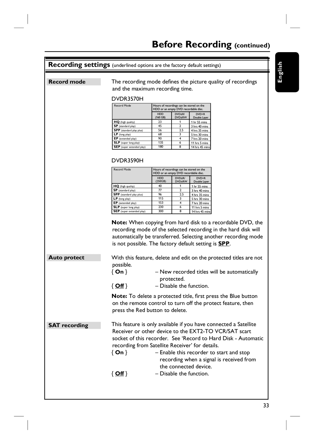 Philips DVDR3570H58 user manual Record mode, Maximum recording time, Auto protect SAT recording, Connected device 