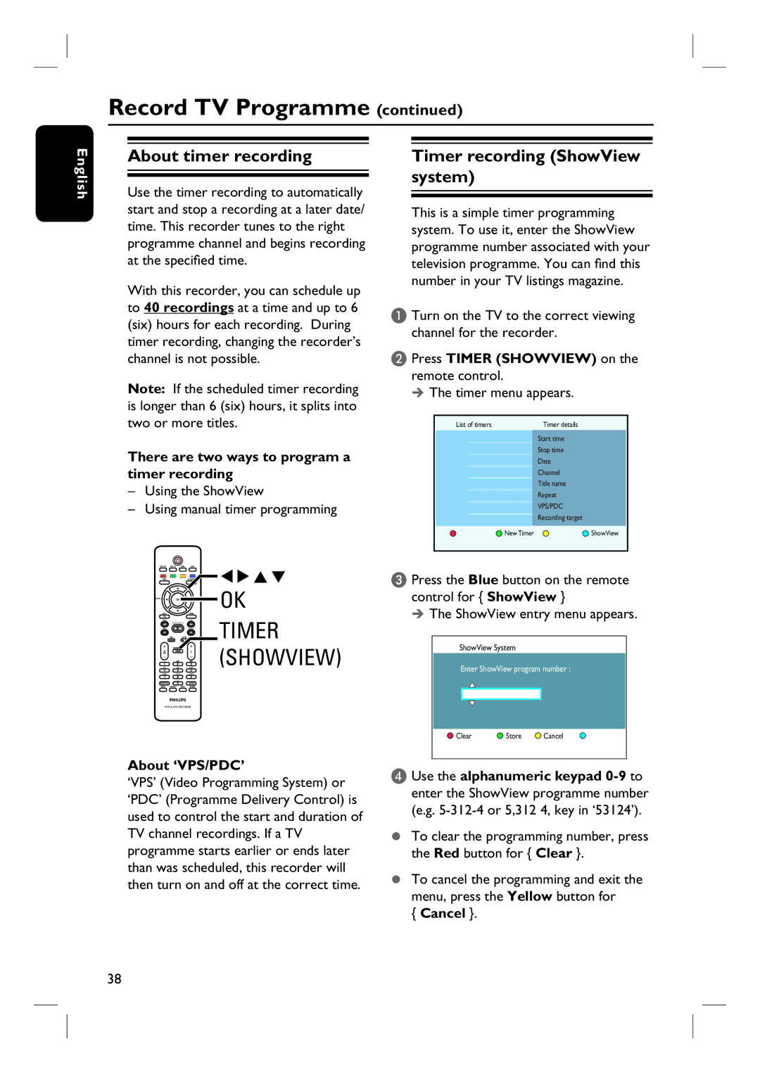 Philips DVDR3570H58 user manual About timer recording, Timer recording ShowView system 