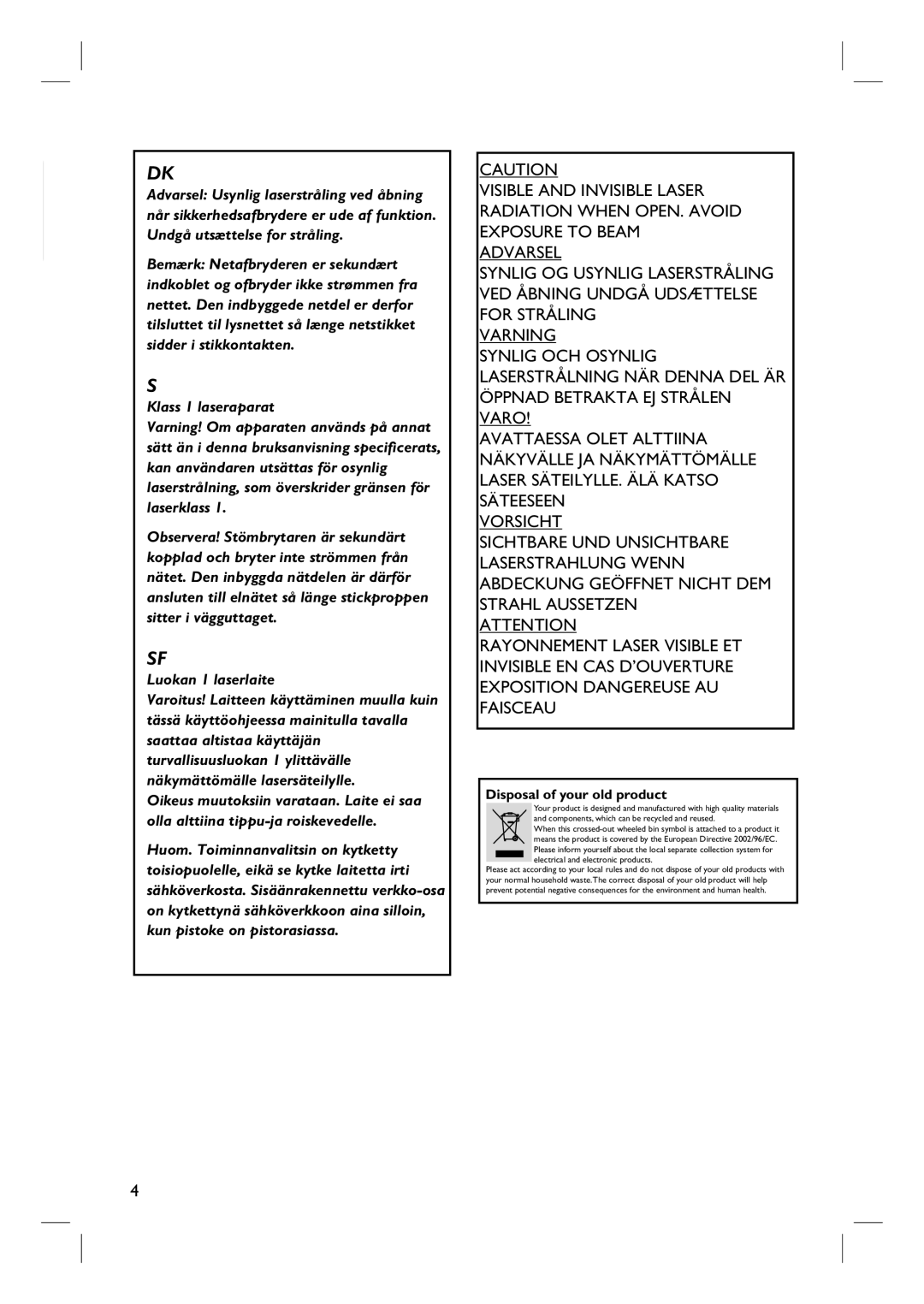 Philips DVDR3570H58 user manual Klass 1 laseraparat 