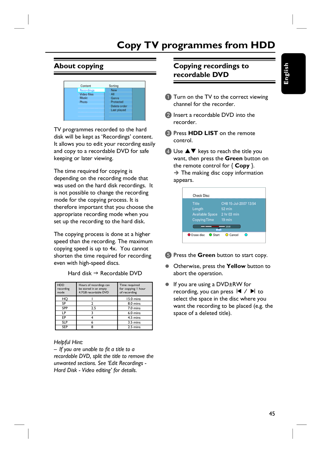 Philips DVDR3570H58 user manual Copy TV programmes from HDD, About copying, Copying recordings to recordable DVD 