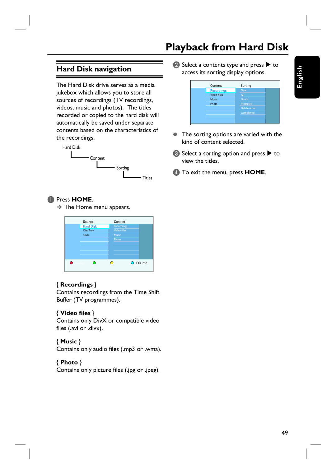 Philips DVDR3570H58 user manual Playback from Hard Disk, Hard Disk navigation 