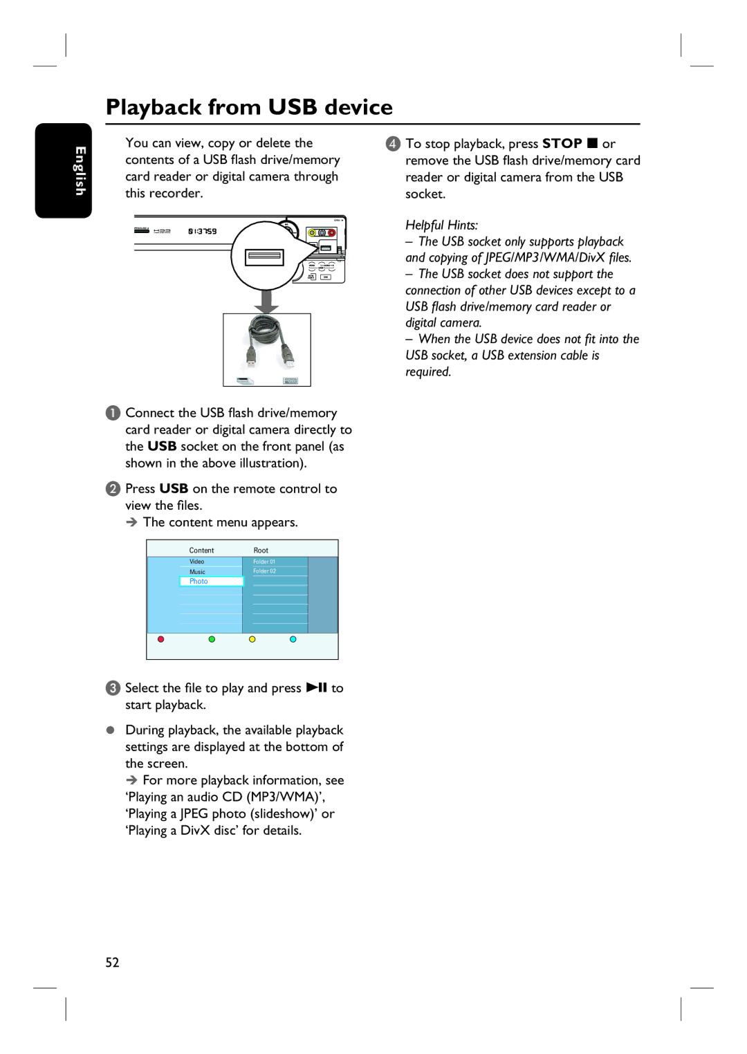 Philips DVDR3570H58 user manual Playback from USB device 