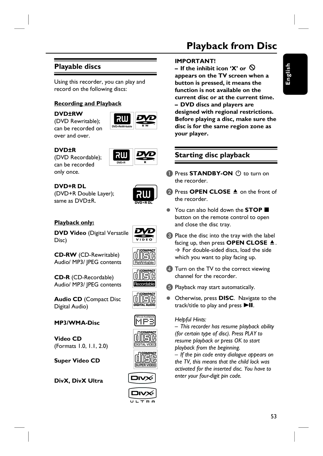 Philips DVDR3570H58 user manual Playback from Disc, Playable discs, Starting disc playback 