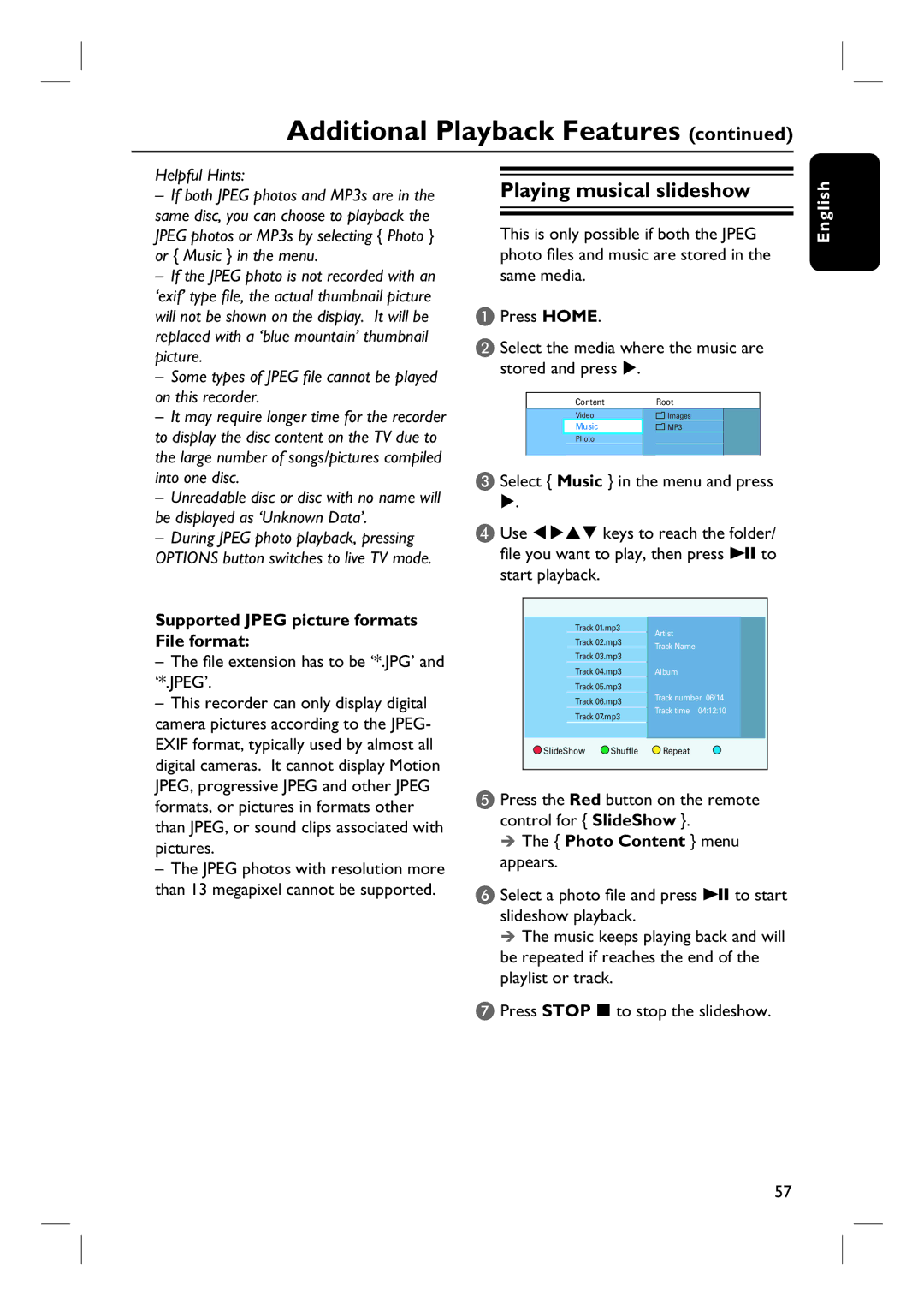 Philips DVDR3570H58 Playing musical slideshow, Supported Jpeg picture formats File format, Photo Content menu appears 