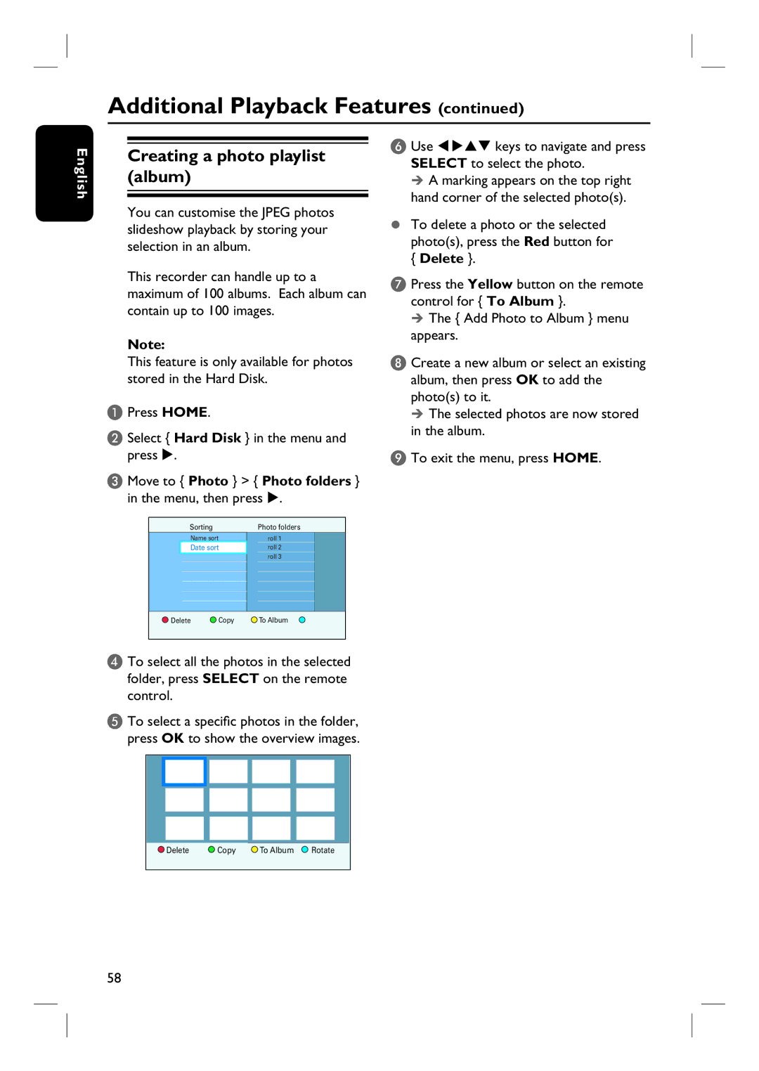 Philips DVDR3570H58 user manual Creating a photo playlist album, Move to Photo Photo folders, Menu, then press 