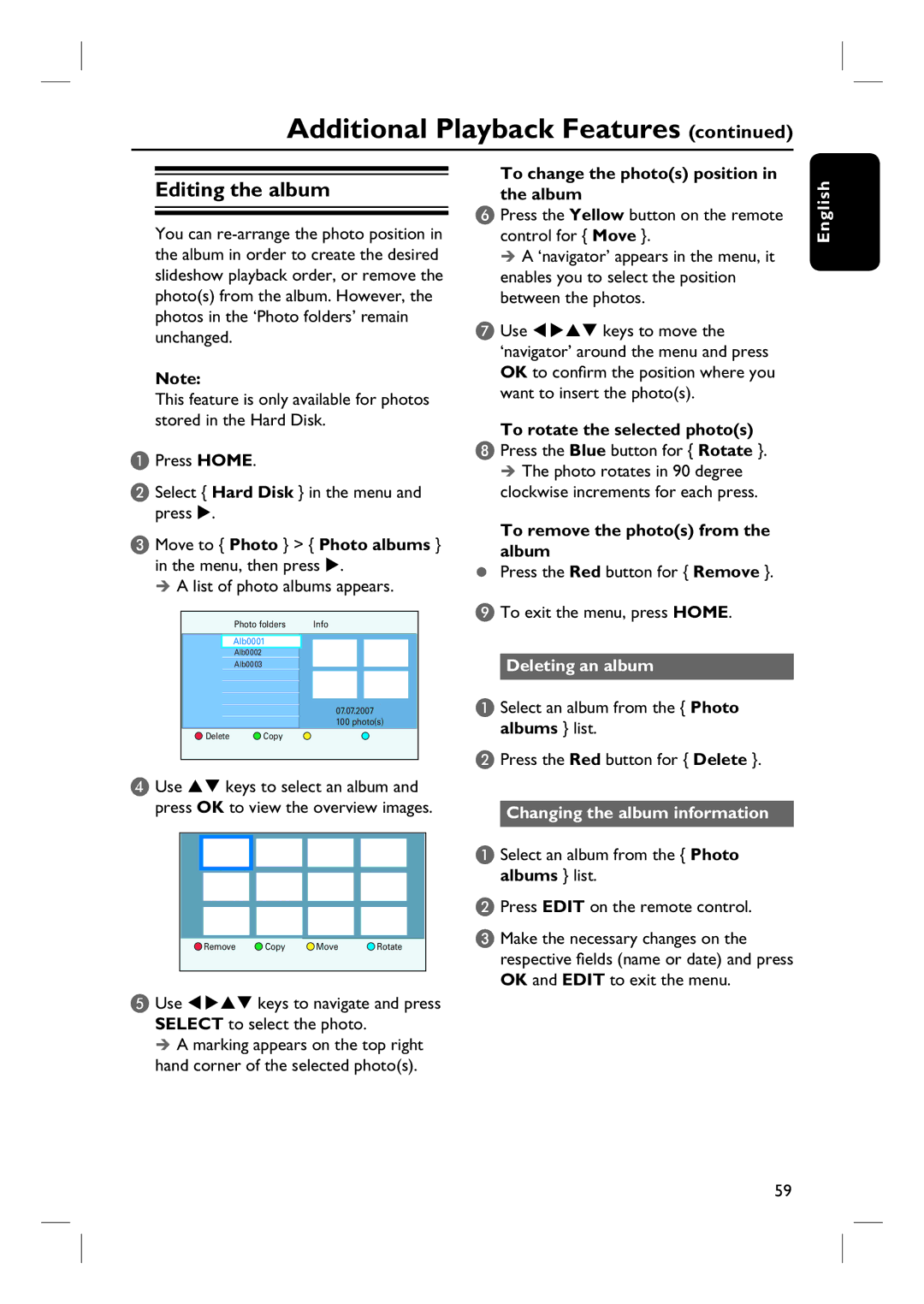 Philips DVDR3570H58 user manual Editing the album, Deleting an album, Changing the album information 