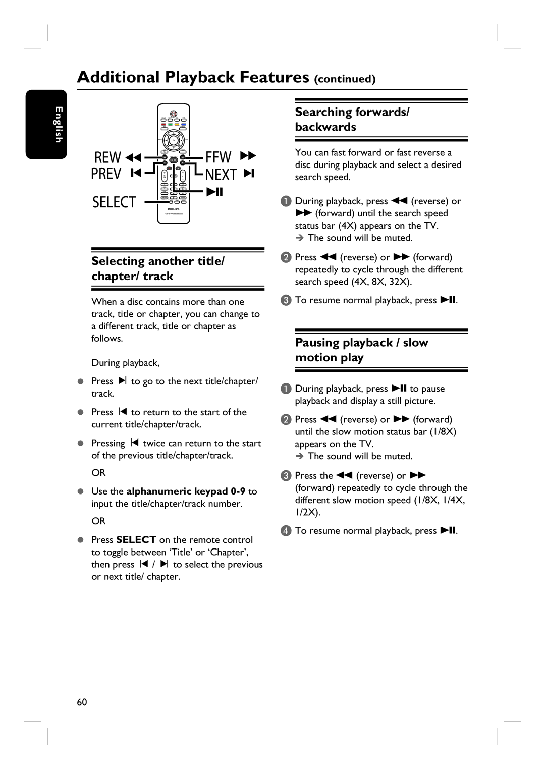 Philips DVDR3570H58 user manual Selecting another title/ chapter/ track, Pausing playback / slow motion play 