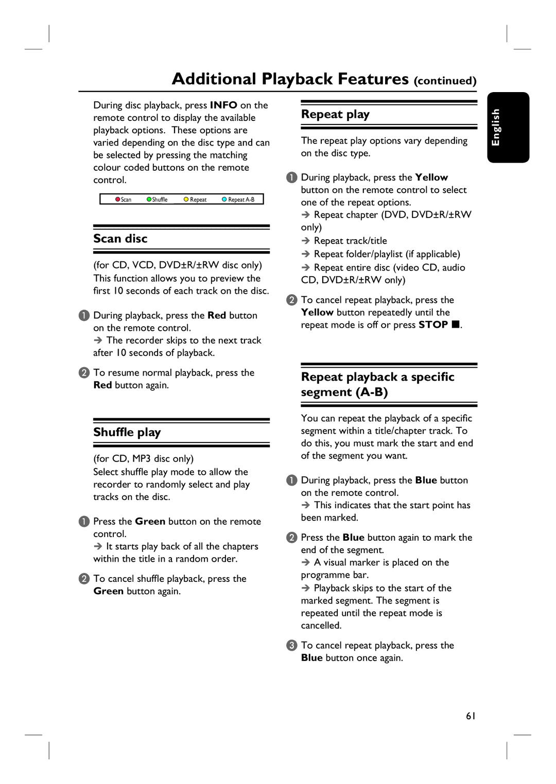 Philips DVDR3570H58 user manual Scan disc, Shuffle play, Repeat playback a specific segment A-B 