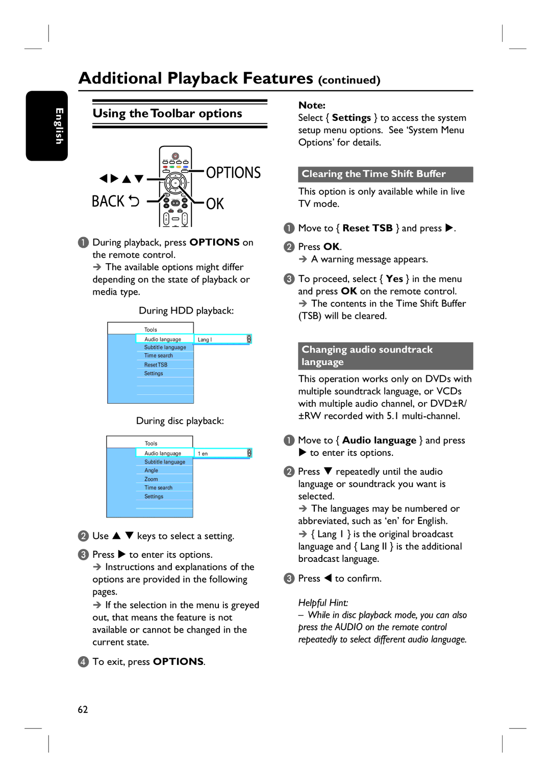 Philips DVDR3570H58 Contents in the Time Shift Buffer TSB will be cleared, Changing audio soundtrack language, Press 