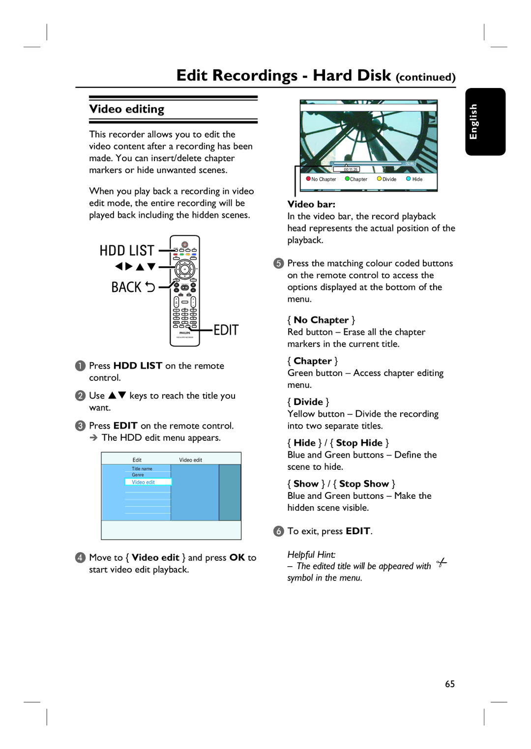 Philips DVDR3570H58 user manual Video editing 