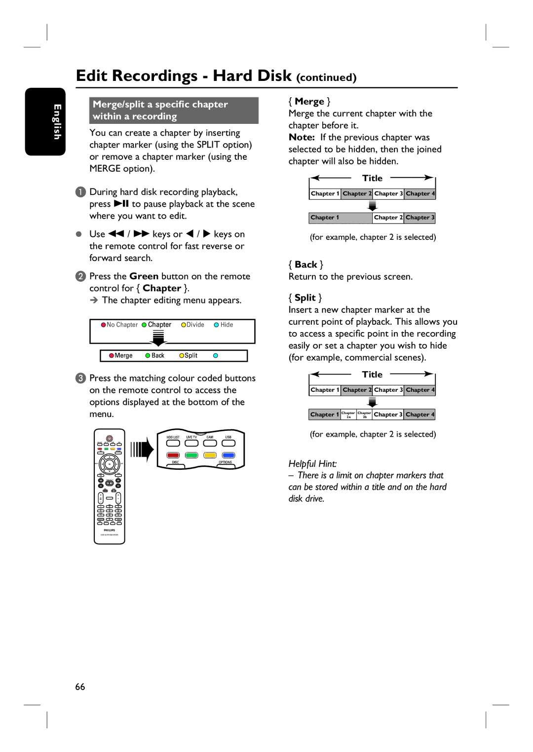 Philips DVDR3570H58 English Merge/split a specific chapter within a recording, Return to the previous screen, Split 