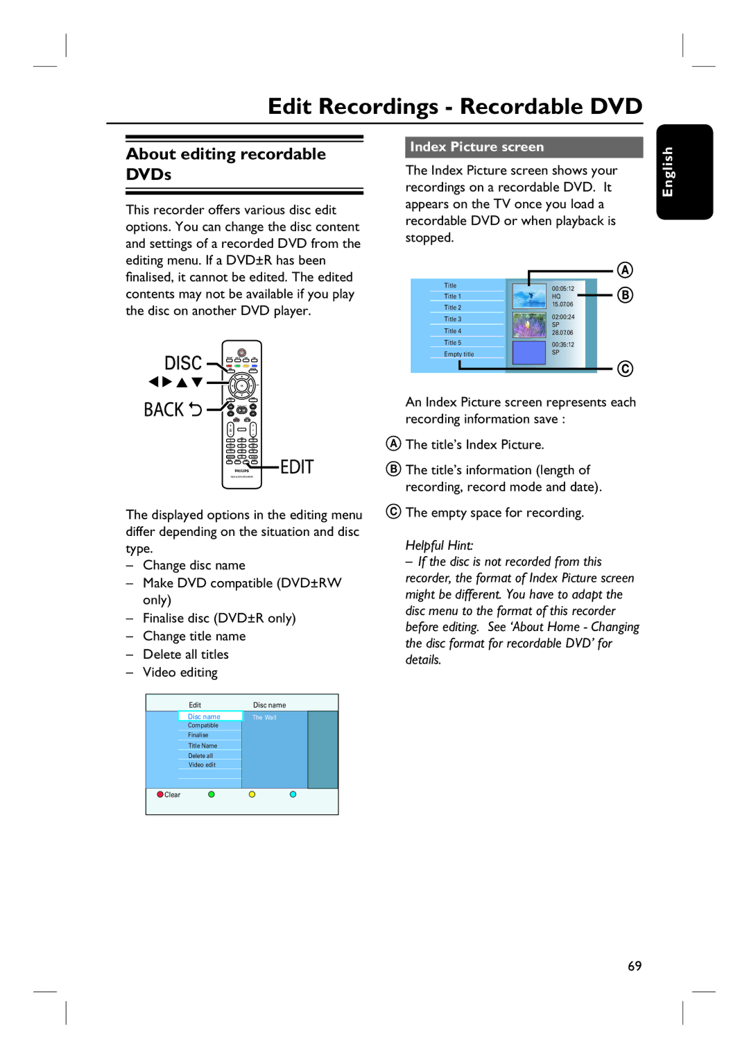 Philips DVDR3570H58 user manual Edit Recordings Recordable DVD, About editing recordable DVDs, Index Picture screen 