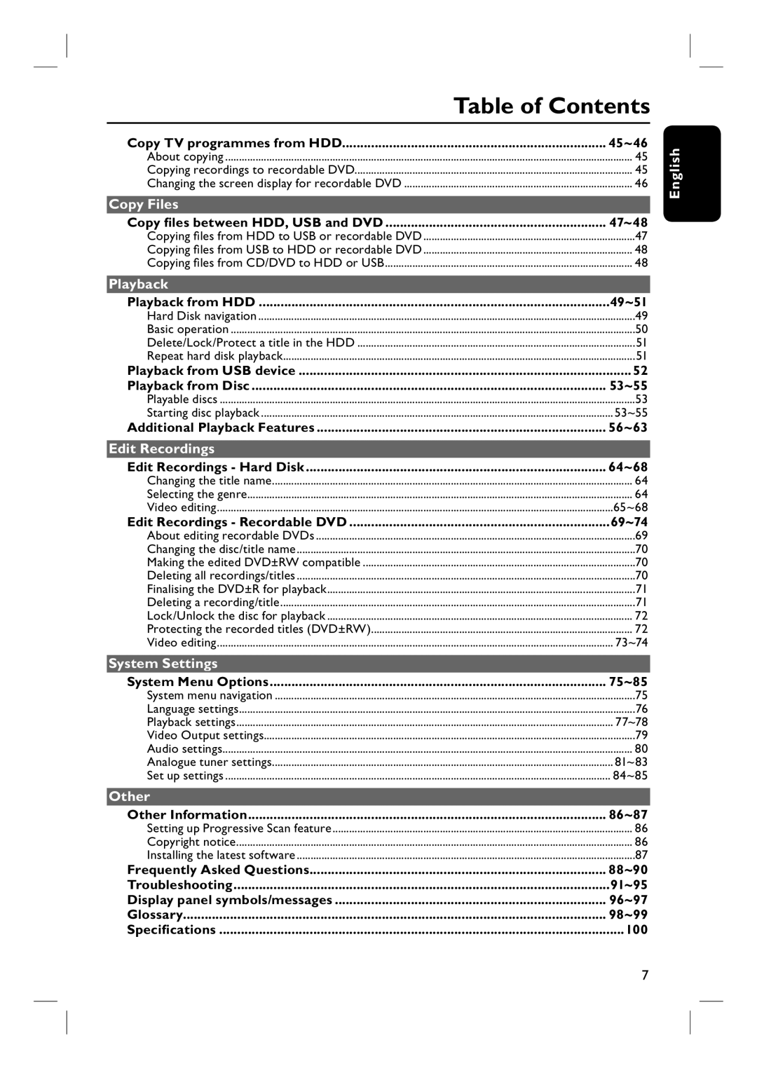 Philips DVDR3570H58 user manual Table of Contents 