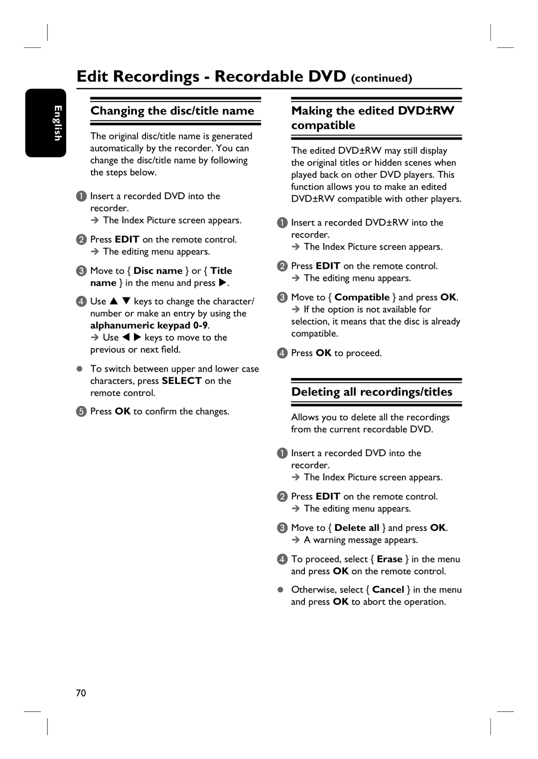 Philips DVDR3570H58 Changing the disc/title name, Making the edited DVD±RW compatible, Deleting all recordings/titles 