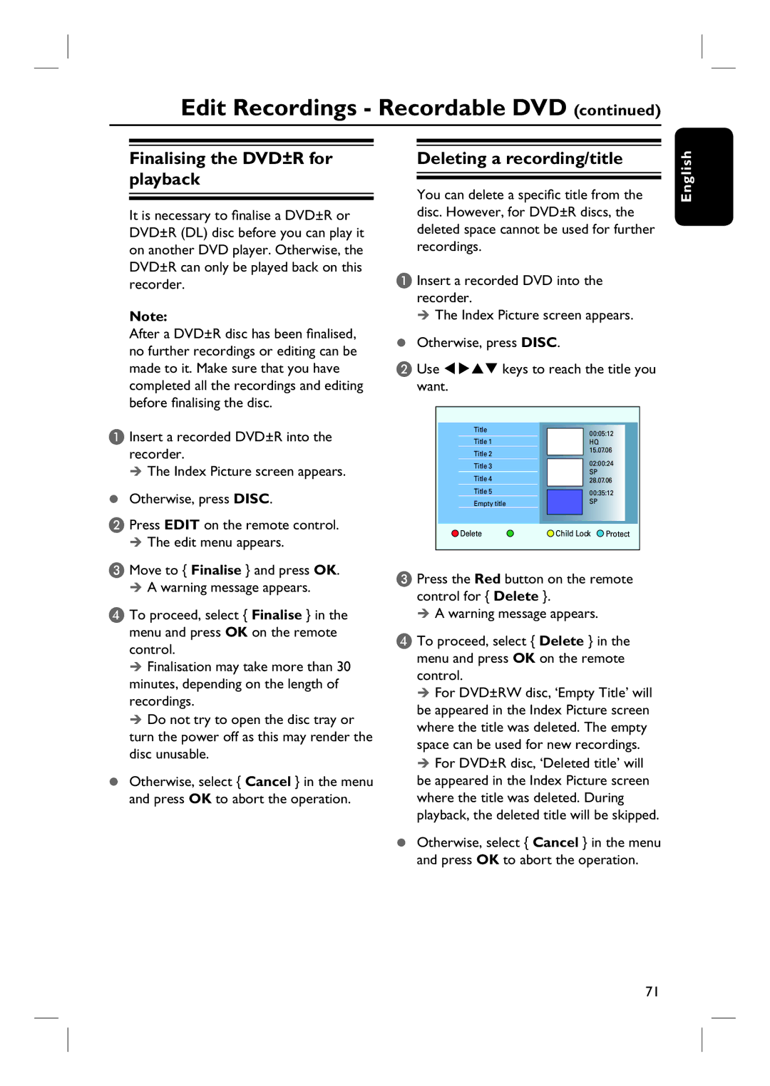 Philips DVDR3570H58 user manual Finalising the DVD±R for playback, Deleting a recording/title 