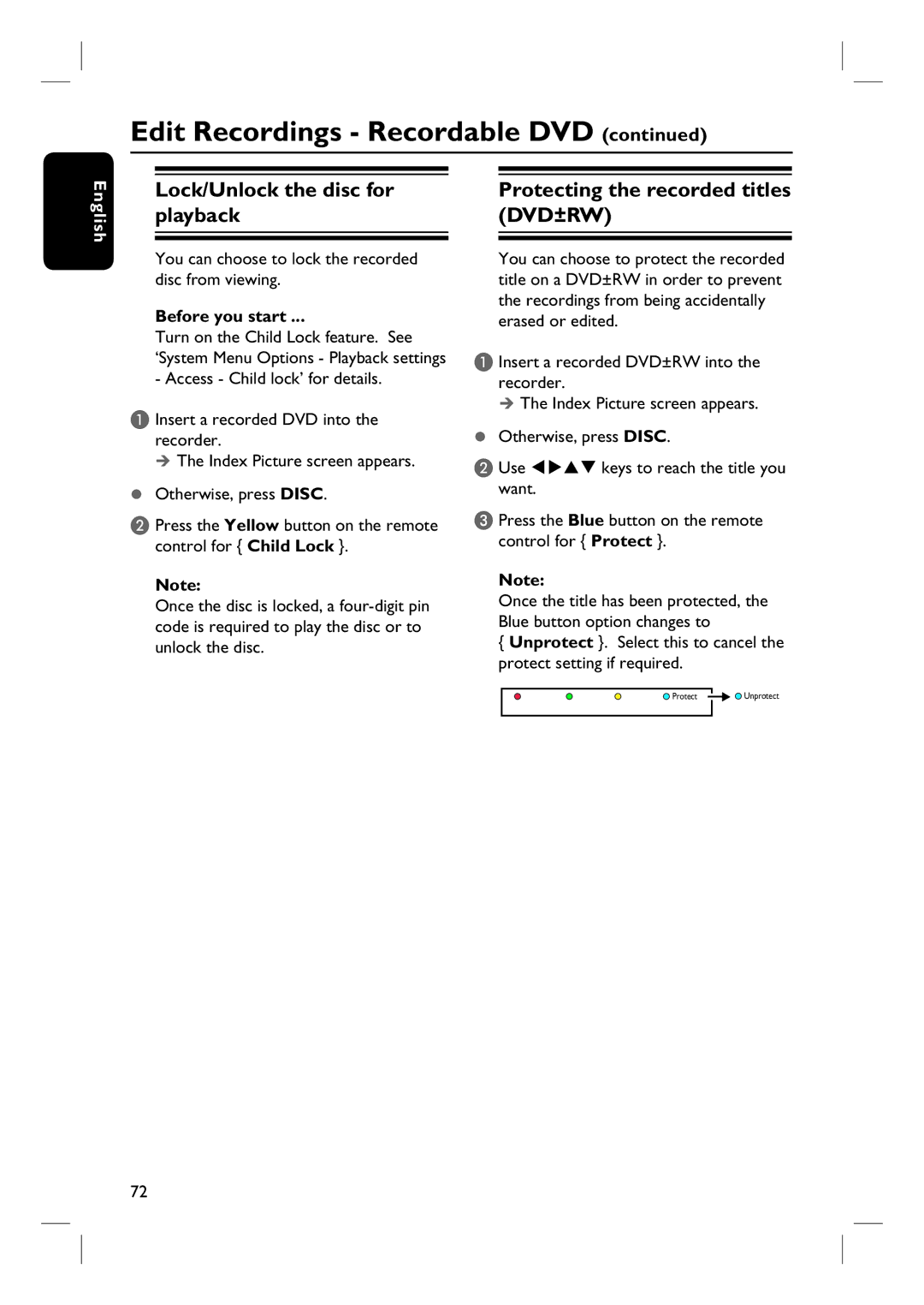 Philips DVDR3570H58 user manual Lock/Unlock the disc for playback, Protecting the recorded titles DVD±RW 