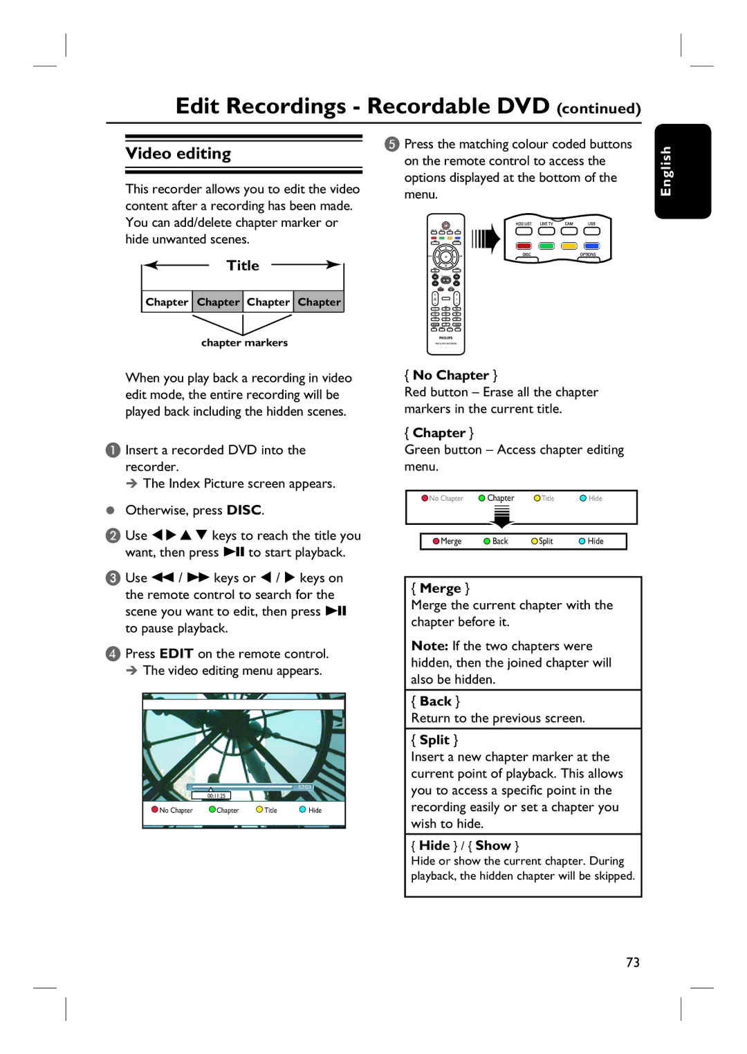 Philips DVDR3570H58 user manual Title, Hide / Show 