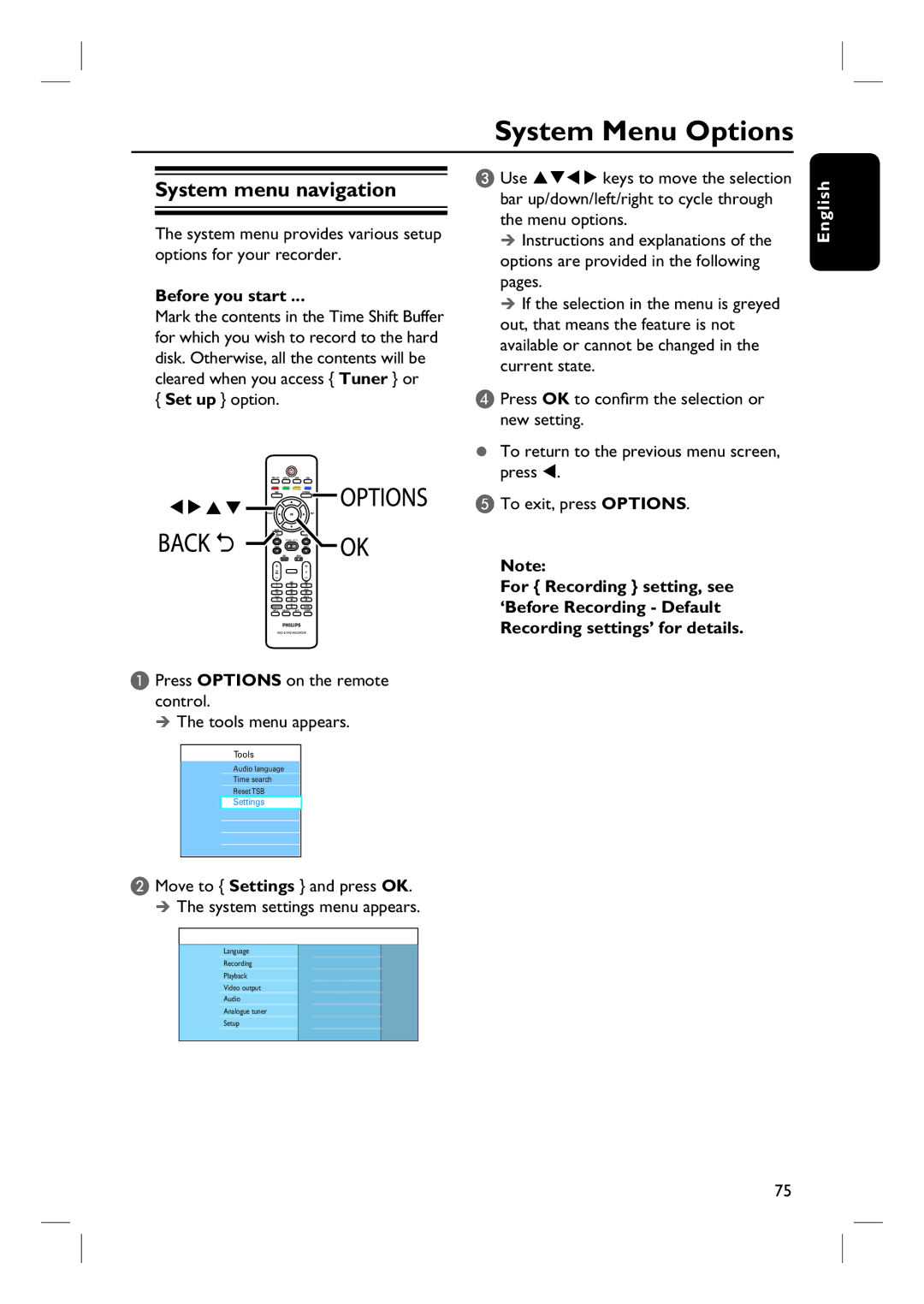 Philips DVDR3570H58 System Menu Options, System menu navigation, Press Options on the remote control Tools menu appears 