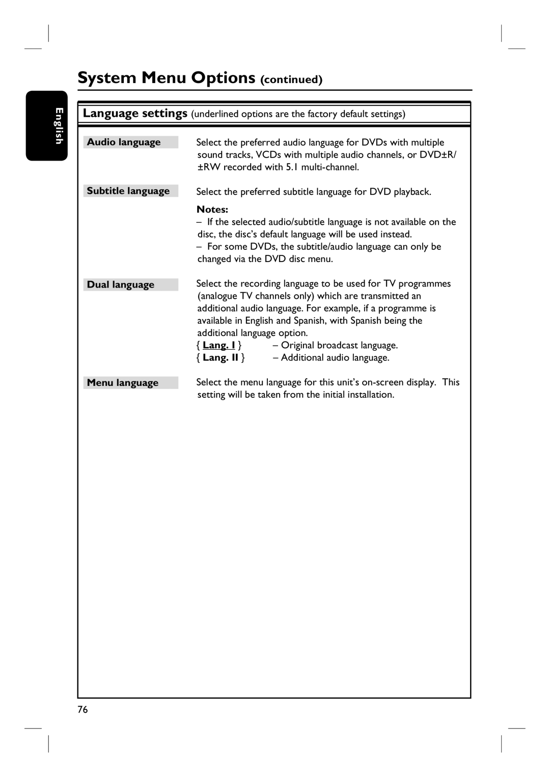 Philips DVDR3570H58 user manual Subtitle language Dual language, Select the preferred subtitle language for DVD playback 