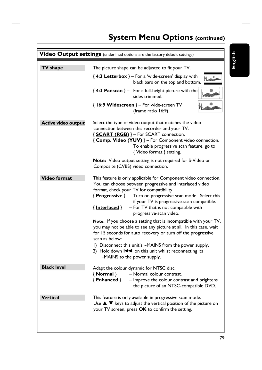 Philips DVDR3570H58 user manual TV shape Active video output Video format, Black level, Normal, Vertical 