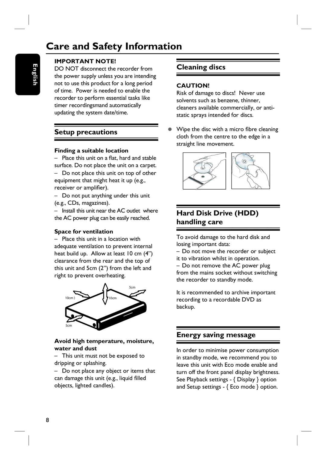 Philips DVDR3570H58 Care and Safety Information, Setup precautions, Cleaning discs, Hard Disk Drive HDD handling care 