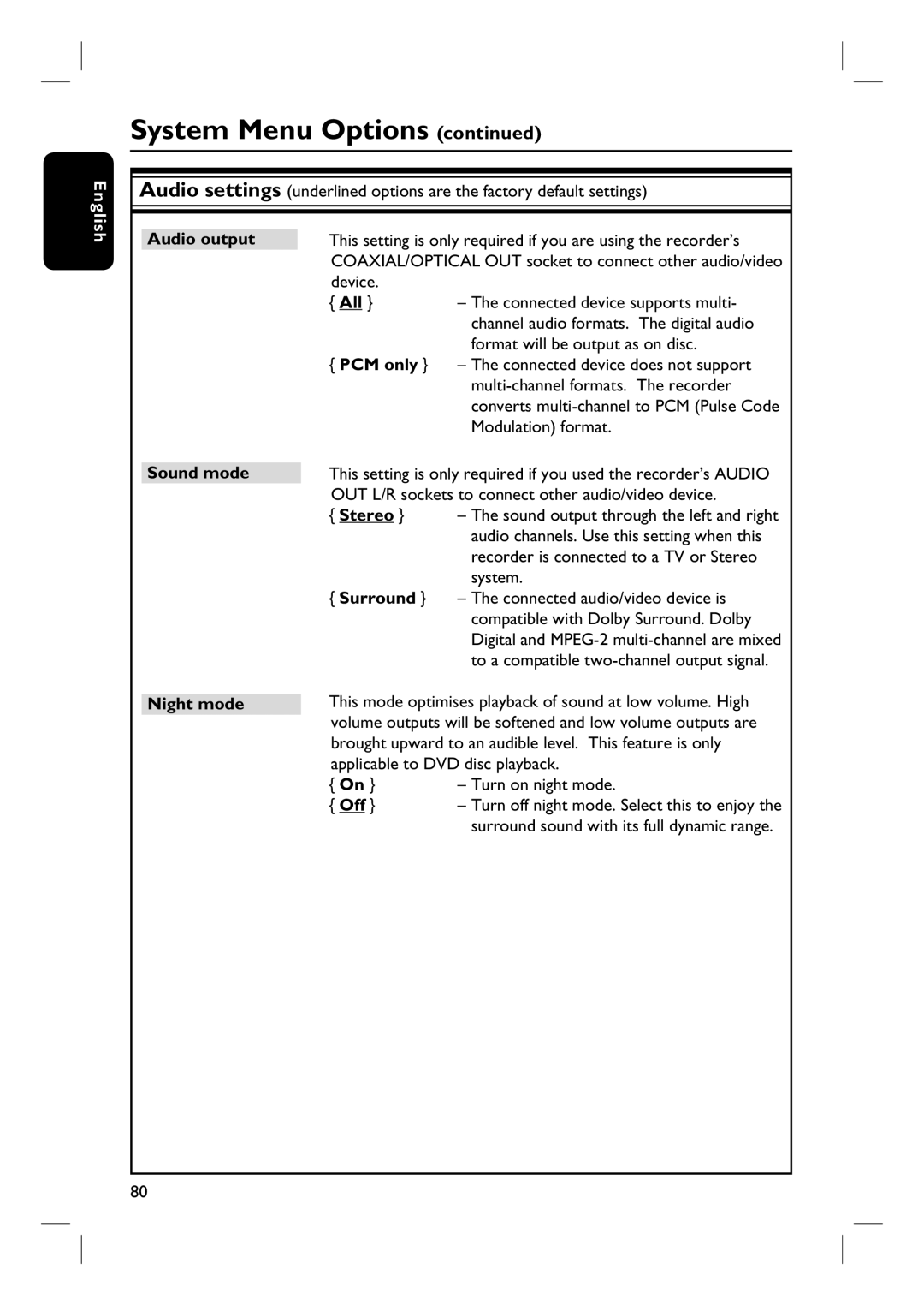 Philips DVDR3570H58 user manual Audio output, PCM only, Sound mode Night mode 