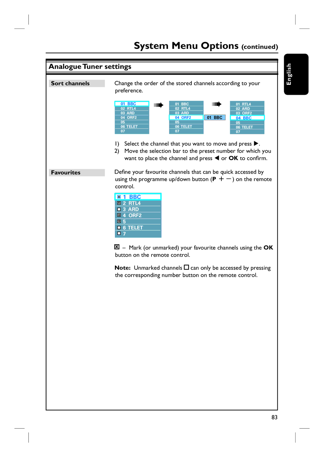 Philips DVDR3570H58 user manual Sort channels, Preference, Select the channel that you want to move and press, Favourites 