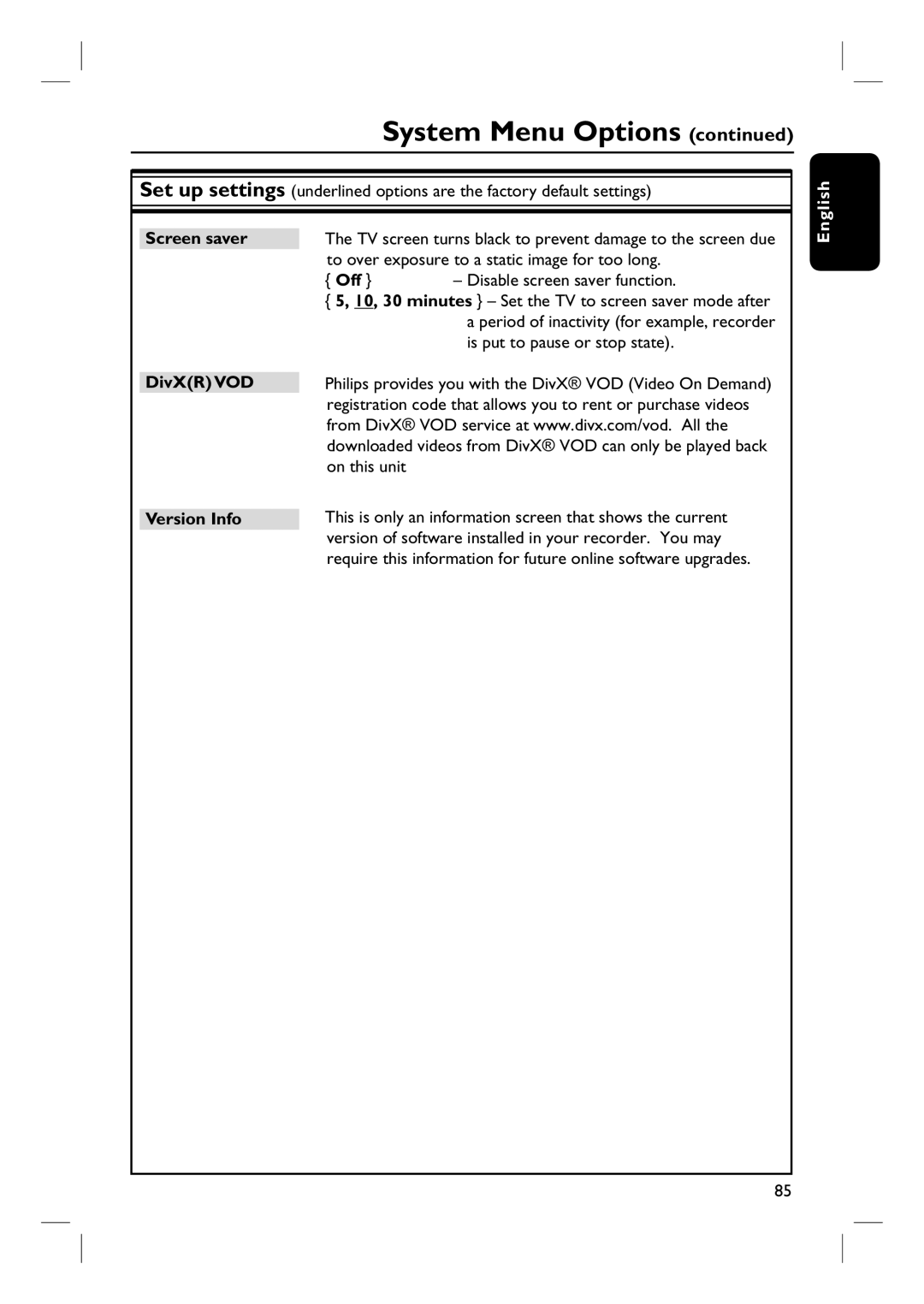 Philips DVDR3570H58 user manual Screen saver, DivXR VOD, Version Info 