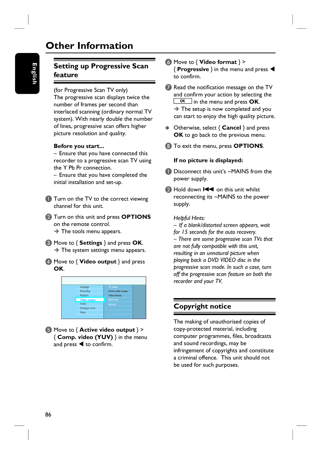 Philips DVDR3570H58 Other Information, Setting up Progressive Scan feature, Copyright notice, If no picture is displayed 