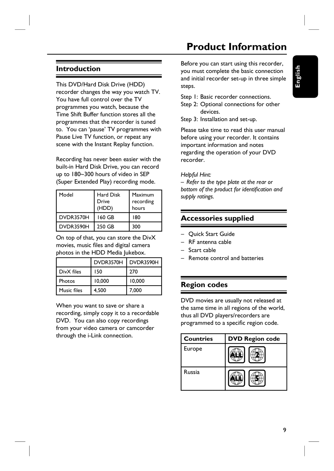 Philips DVDR3570H58 Product Information, Introduction, Accessories supplied, Region codes, Countries DVD Region code 