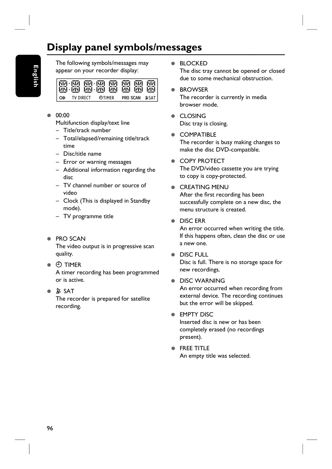 Philips DVDR3570H58 user manual Display panel symbols/messages 