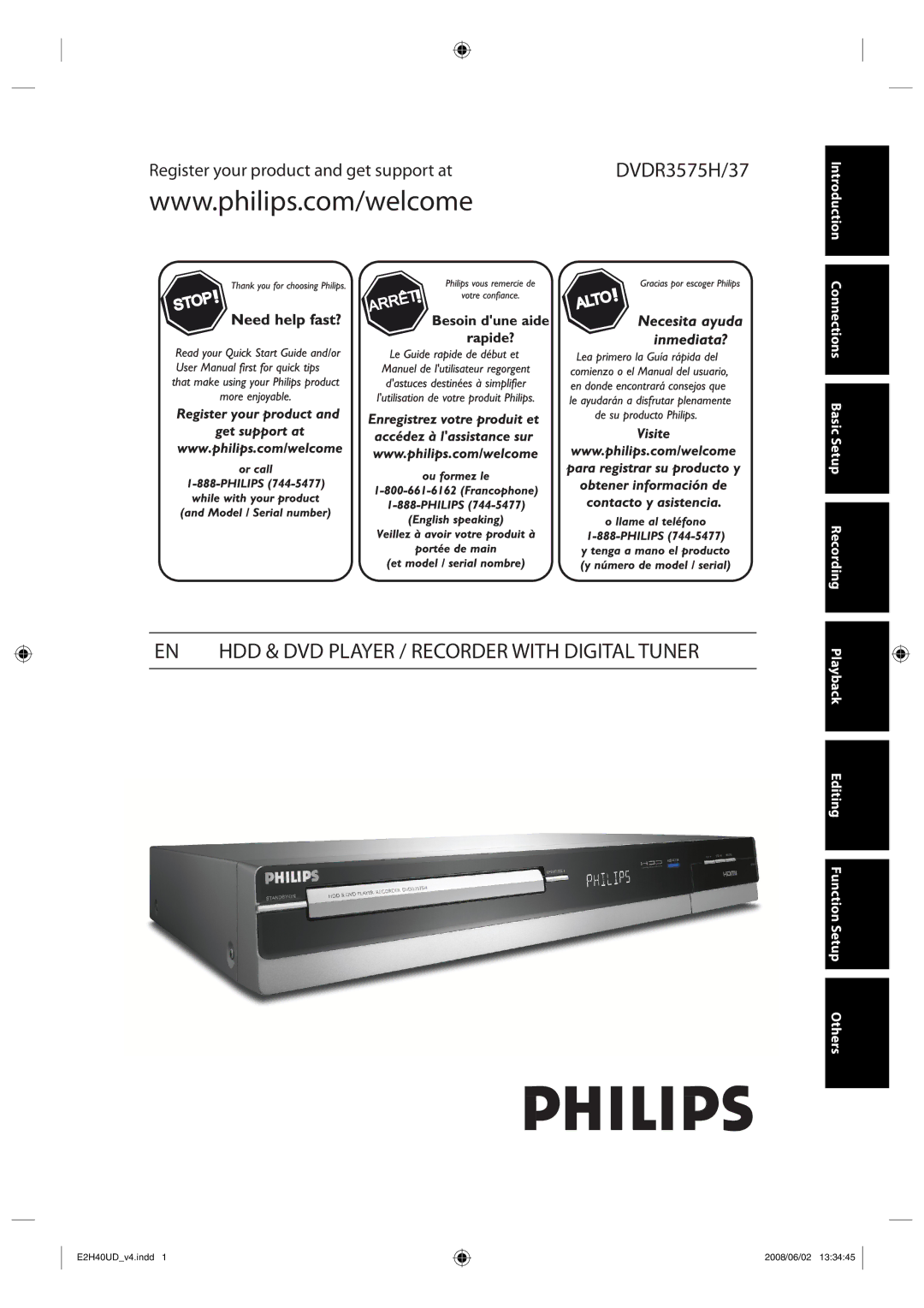 Philips DVDR3575H/37 manual EN HDD & DVD Player / Recorder with Digital Tuner 