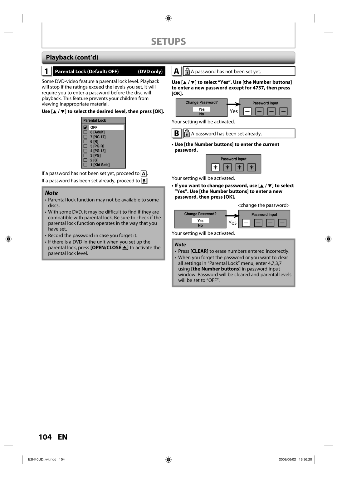 Philips DVDR3575H/37 manual Setups, 104 EN, Playback cont’d, Yes, Parental Lock Default OFF DVD only 