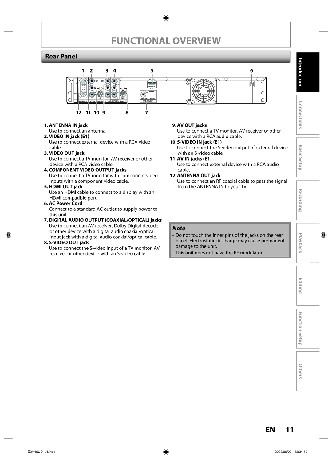 Philips DVDR3575H/37 manual Functional Overview, Rear Panel, 11 10, Introduction 