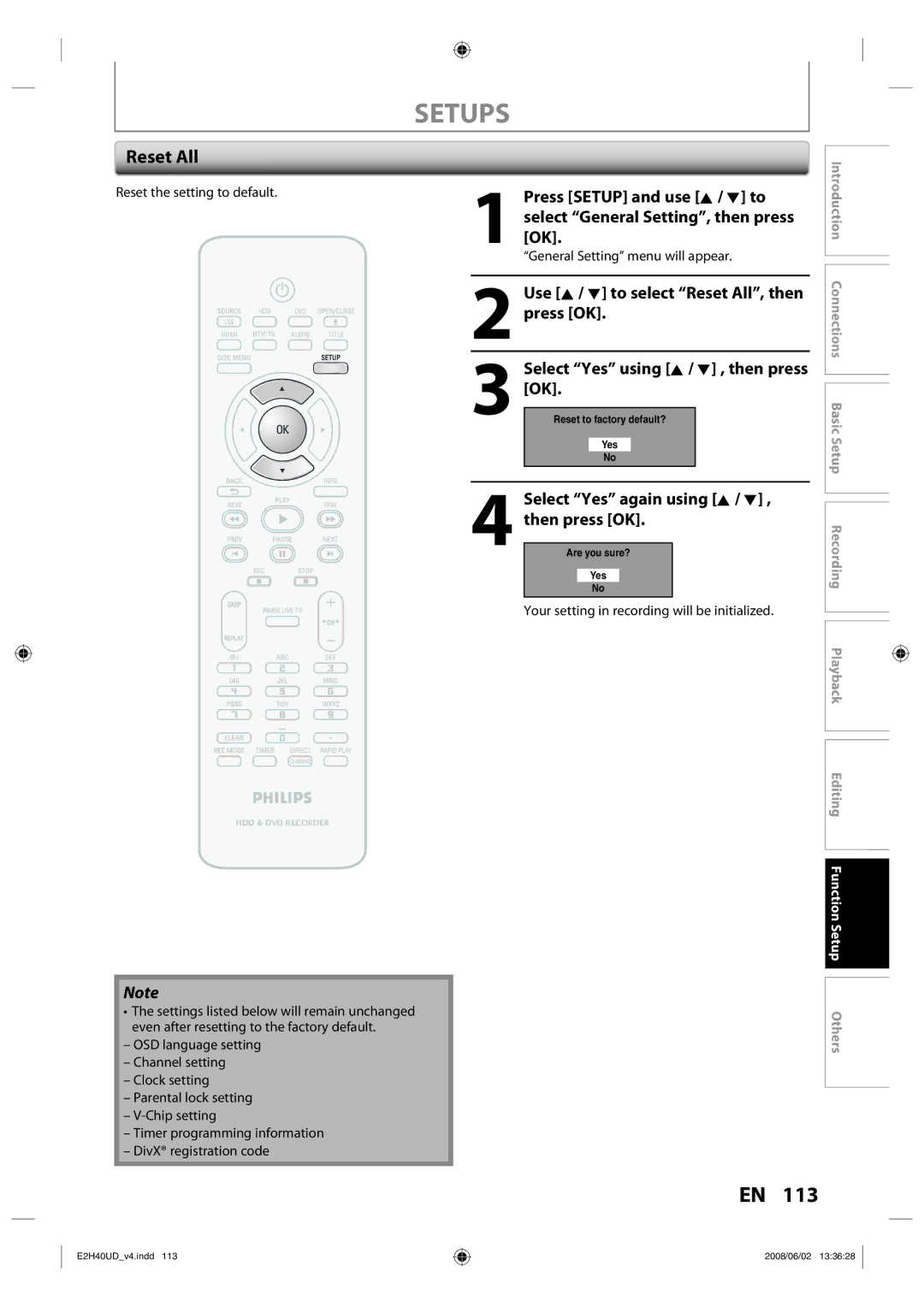 Philips DVDR3575H/37 manual Reset All, Select Yes again using K / L Then press OK, Select Yes using K / L , then press 