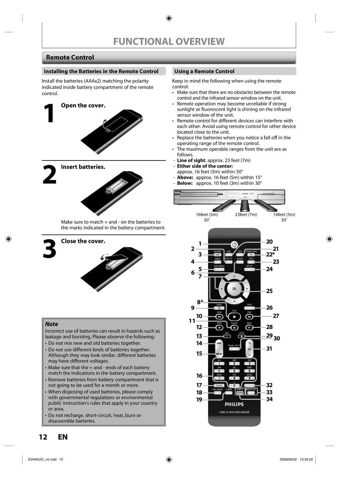 Philips DVDR3575H/37 manual 12 EN, Remote Control, Open the cover Insert batteries, Close the cover, 1934 