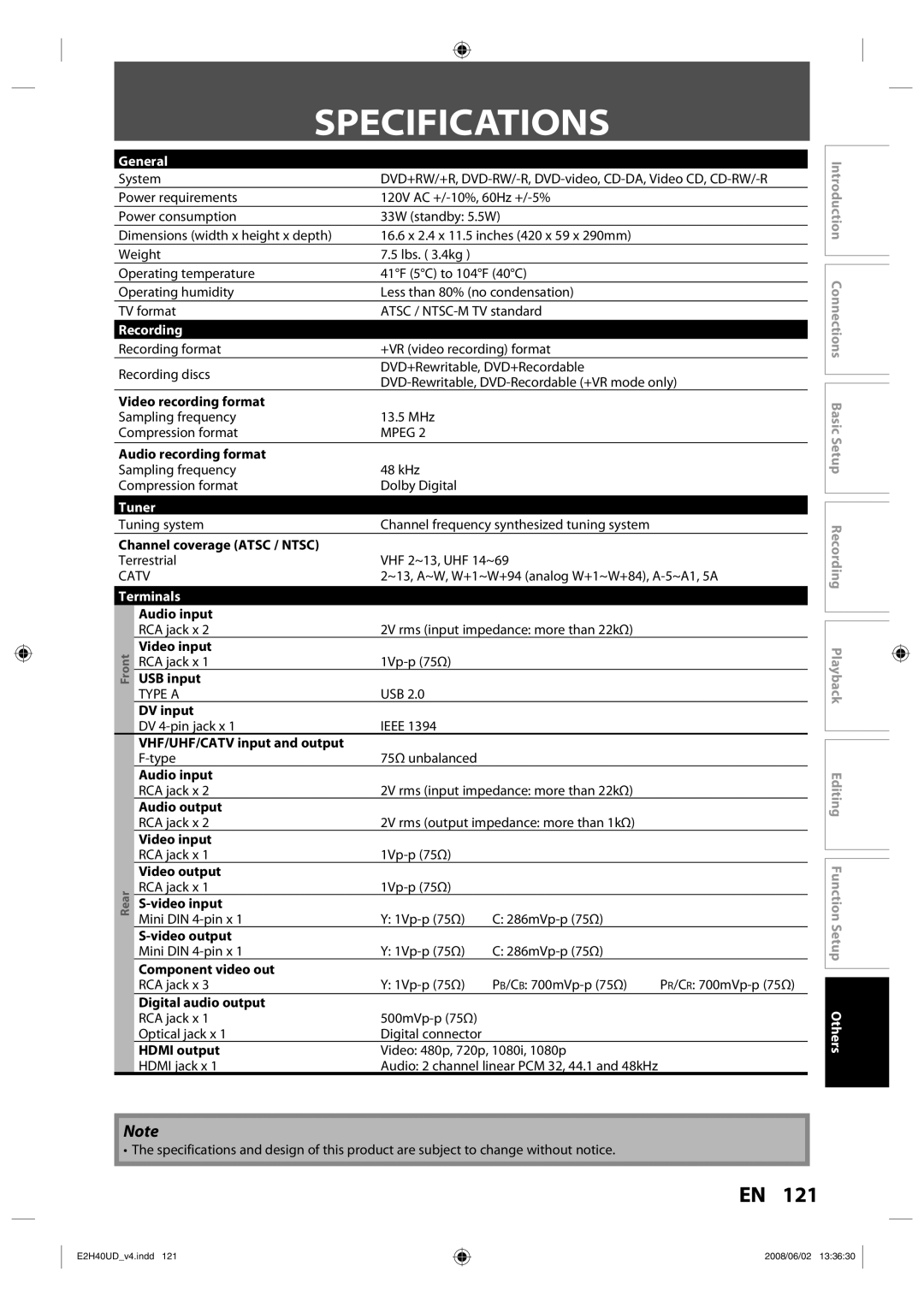 Philips DVDR3575H/37 manual Specifications, General, Recording, Tuner, Terminals 