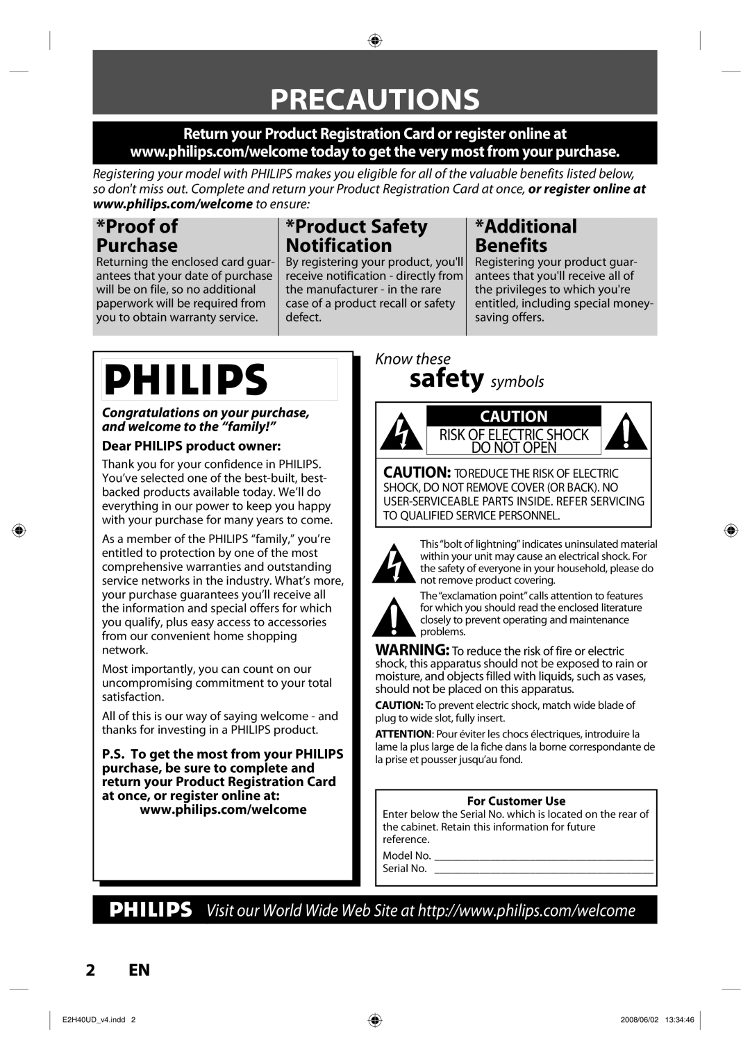 Philips DVDR3575H/37 manual Precautions, Dear Philips product owner, For Customer Use, Antees that your date of purchase 