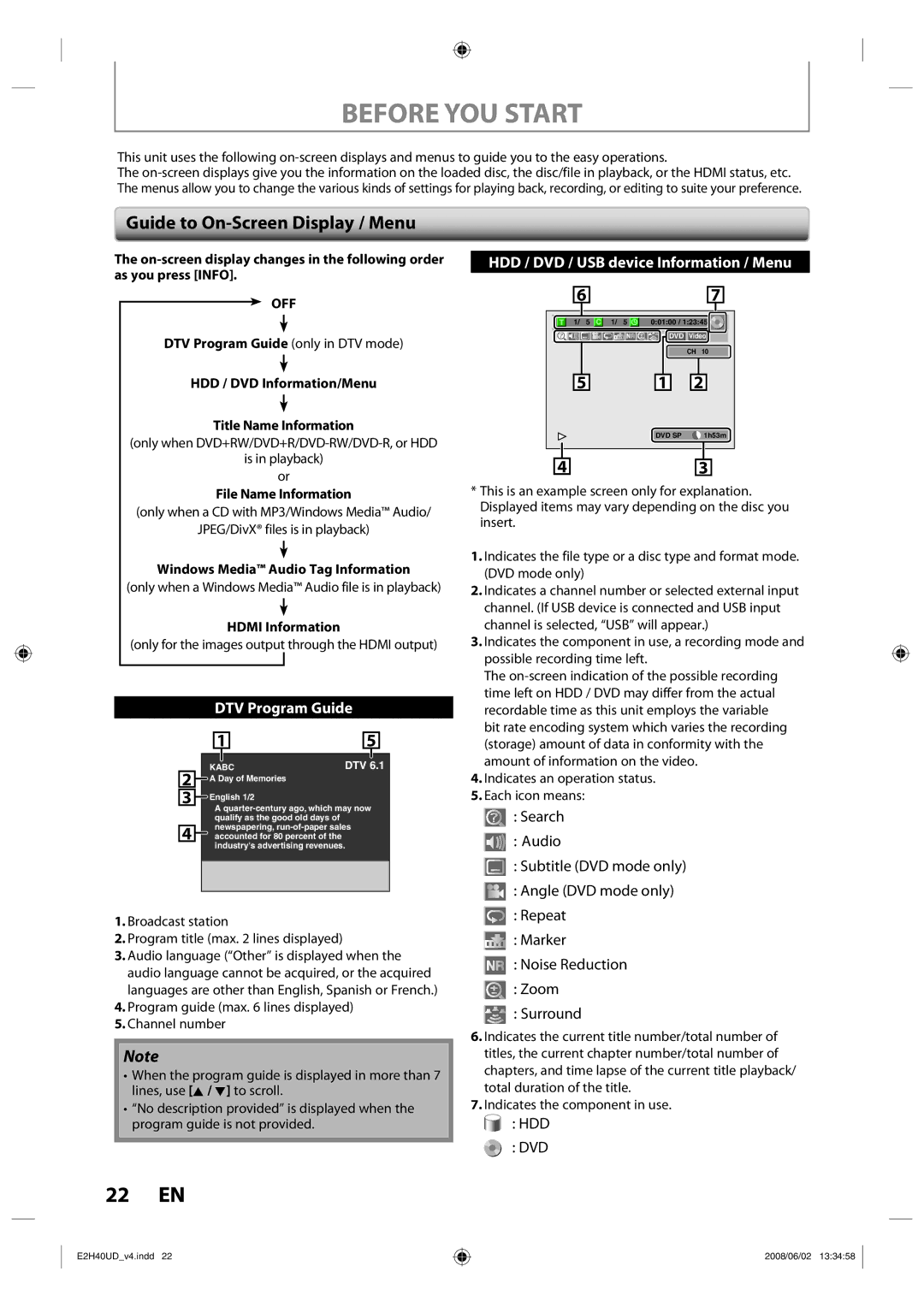 Philips DVDR3575H/37 manual Before YOU Start, 22 EN, Guide to On-Screen Display / Menu 