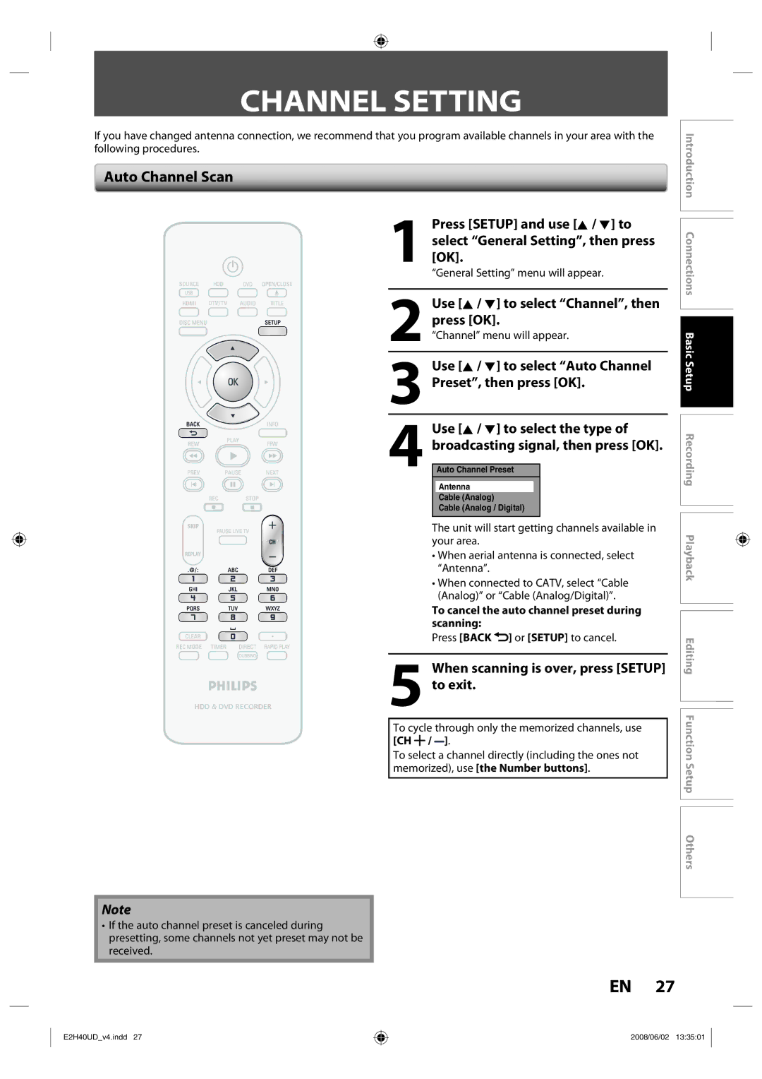 Philips DVDR3575H/37 manual Channel Setting, Auto Channel Scan, When scanning is over, press Setup to exit 