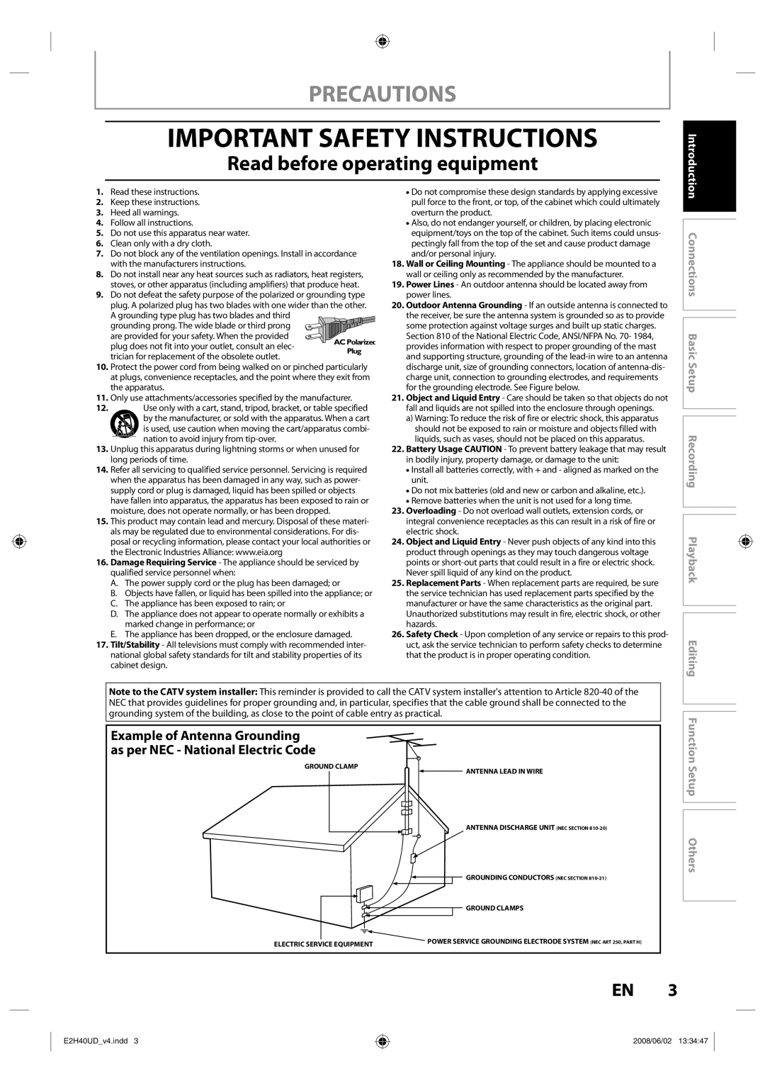 Philips DVDR3575H/37 manual Important Safety Instructions, Precautions 