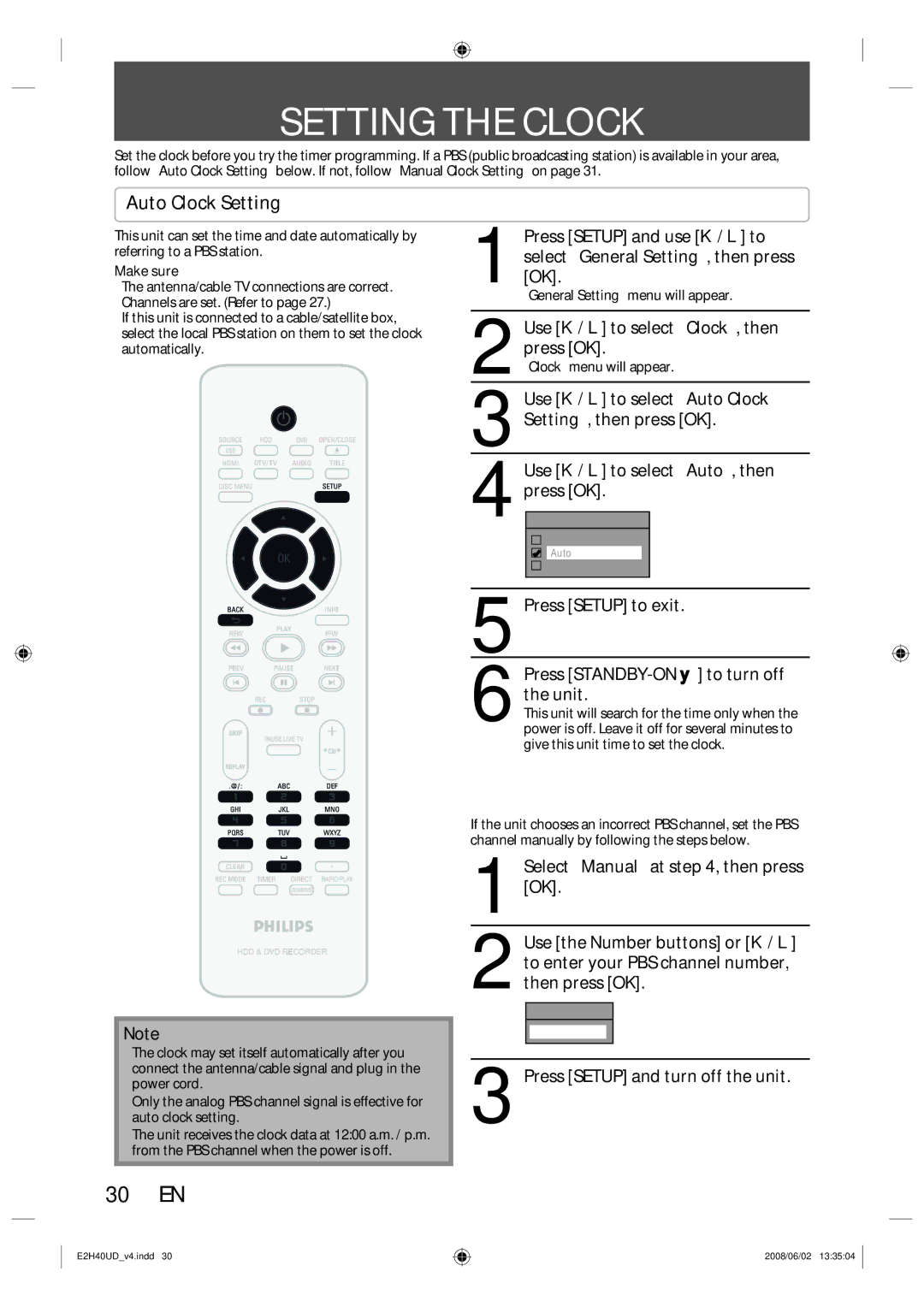 Philips DVDR3575H/37 manual Setting the Clock, 30 EN, Auto Clock Setting 