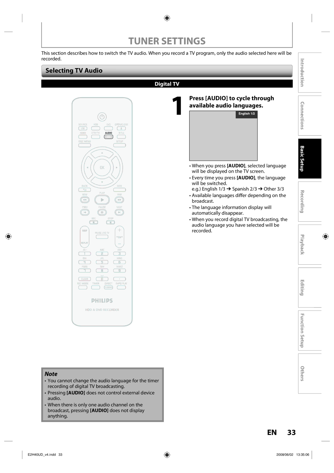 Philips DVDR3575H/37 manual Tuner Settings, Selecting TV Audio, Press Audio to cycle through available audio languages 